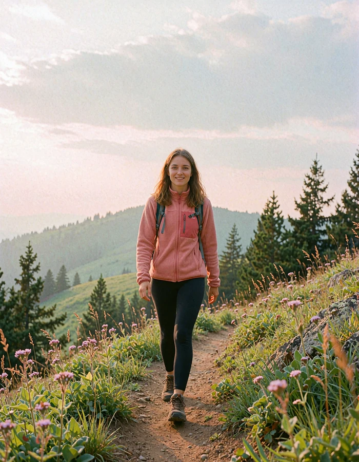 Brown-haired woman in a pink fleece hiking a green mountain trail, an outdoorsy single open to meeting someone new