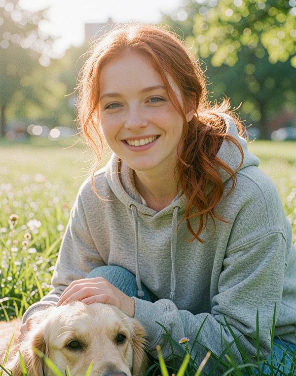 Freckled redhead in a gray hoodie with her golden retriever in a park, sample profile for dog lovers who want to date