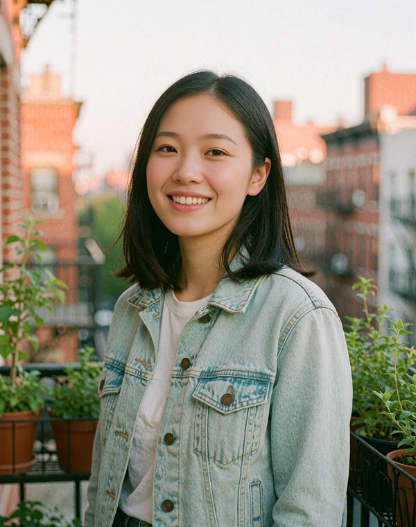 Smiling woman with black hair in a denim jacket on a city balcony, a sample dating profile for singles near you