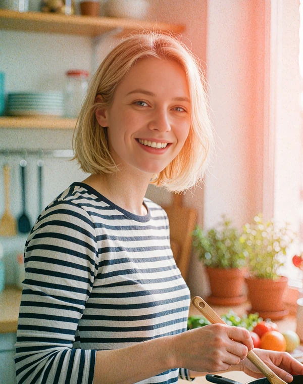 Blonde woman in a striped tee smiling while cooking at home, sample dating profile photo for singles who love food