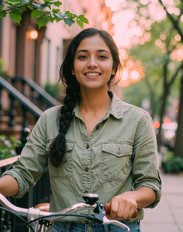 Woman with a side braid and olive shirt beside her bicycle on a leafy street, an active single you could meet
