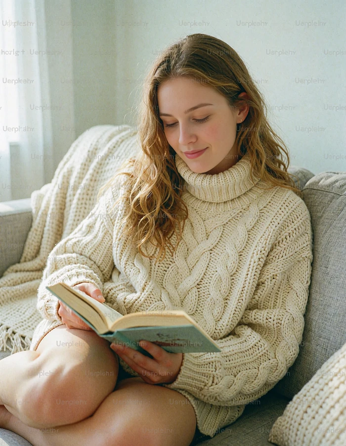 Woman in a cream knit sweater reading a paperback on a gray sofa, a relaxed single enjoying a cozy night in