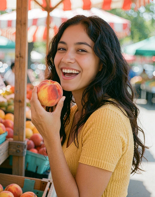 Laughing woman with dark wavy hair holding a peach at a farmers market, sample profile for singles who love brunch